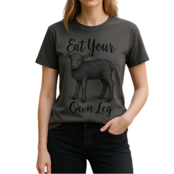 HARM LESS THREADS Eat Your Own Leg Lamb Graphic Tee Grey Short Sleeve Crew L - Picture 1 of 9